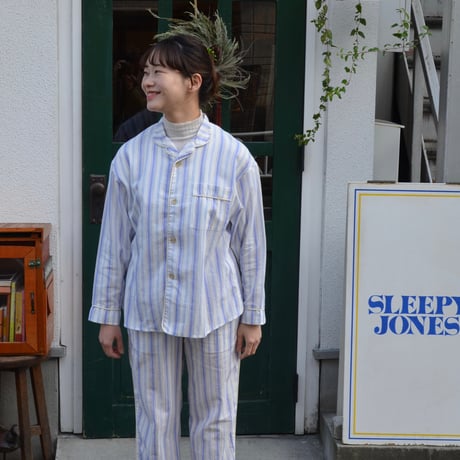 june pajama set blue stripe with ivory piping