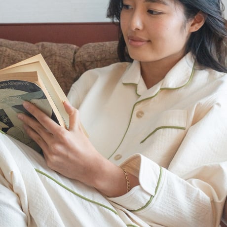 june pajama set ivory quilting with green piping