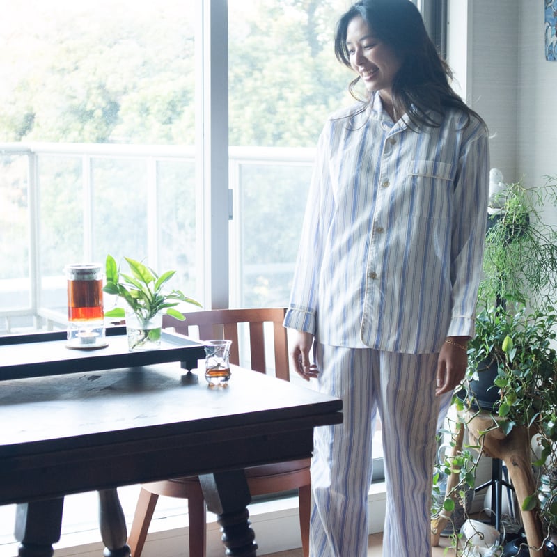 june pajama set blue stripe with ivory piping |