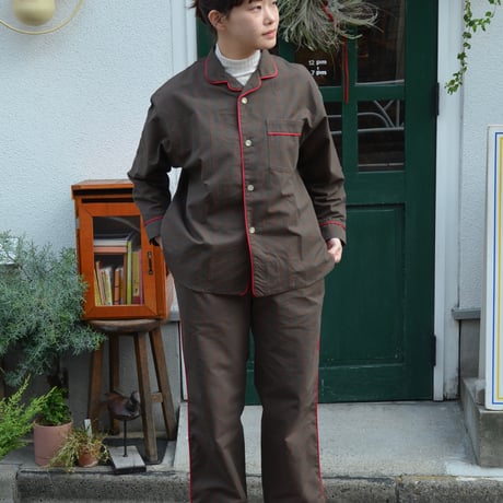 june pajama set brown check with red piping