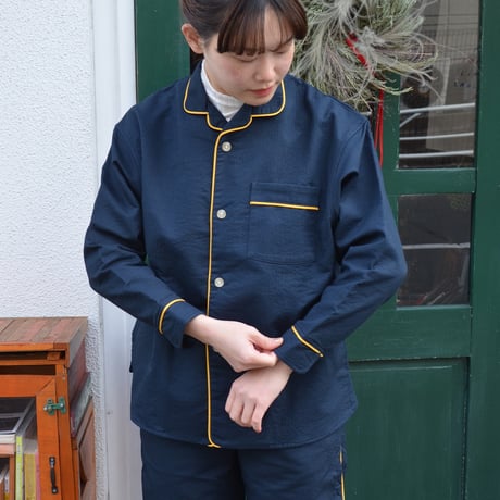 june pajama set navy quilting with yellow piping