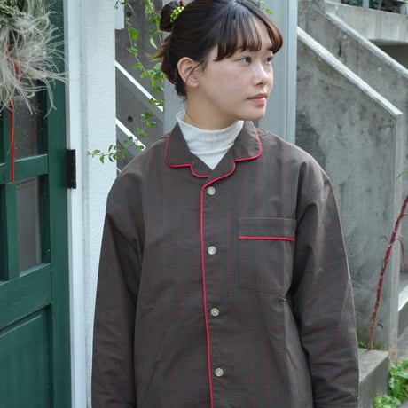 june pajama set brown check with red piping