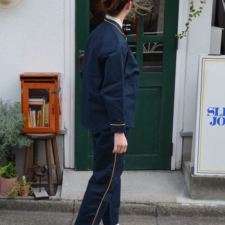 june pajama set navy quilting with yellow piping