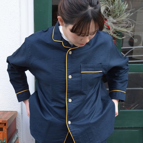 june pajama set navy quilting with yellow piping