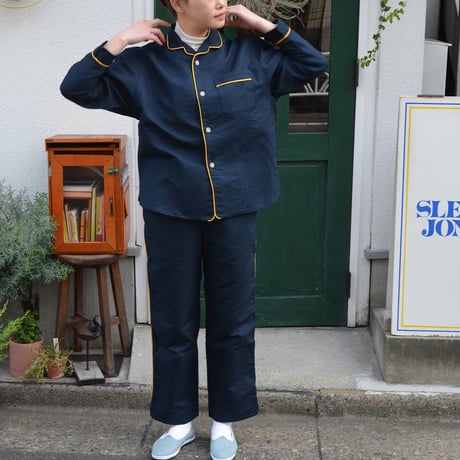 june pajama set navy quilting with yellow piping