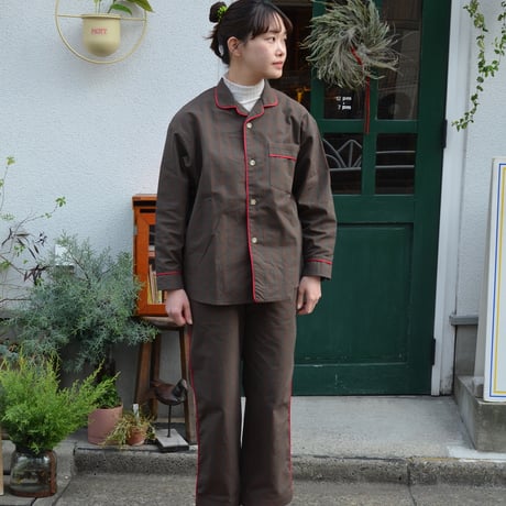 june pajama set brown check with red piping