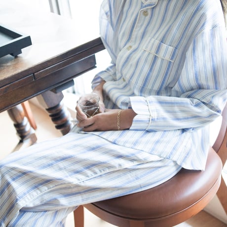 june pajama set blue stripe with ivory piping