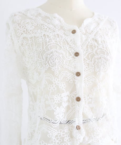 刺繍レースカーディガン レディース 長袖 羽織り / Mesh embroidered cardigan