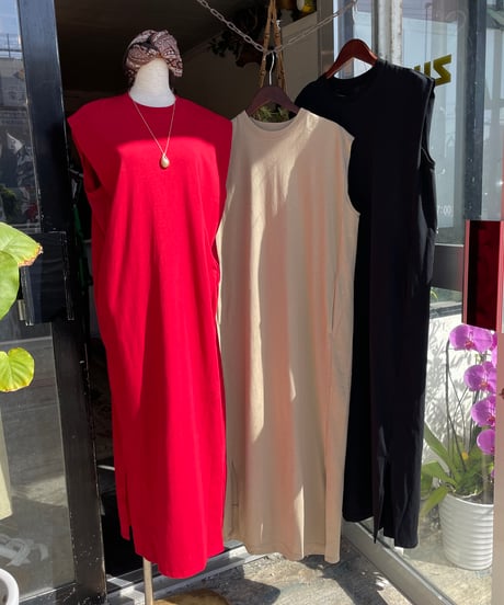 肩タック ノースリーブワンピース レディース ロング丈 DRESS