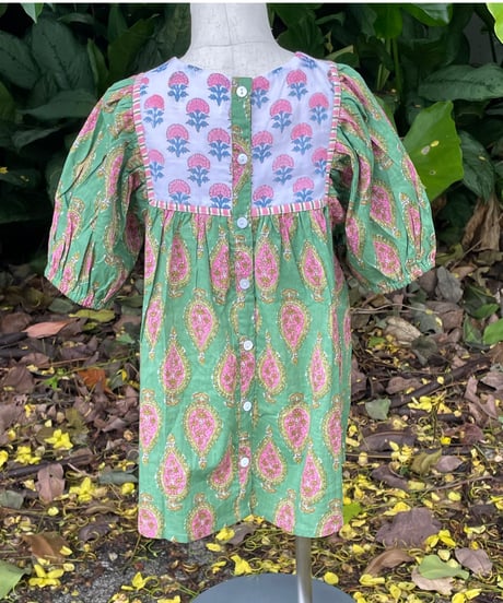 MWEZI キッズ ブロックプリント ワンピース 子供服 Kids BlockPrint Dress(BM406)