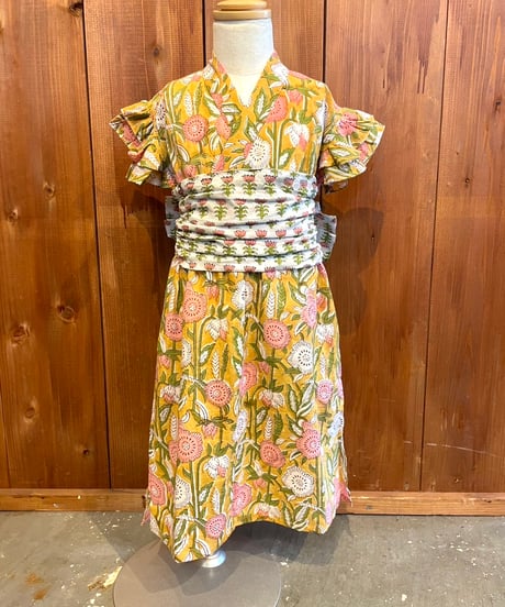 MWEZI キッズ ブロックプリント 浴衣ワンピース Kids Yukata Dress
