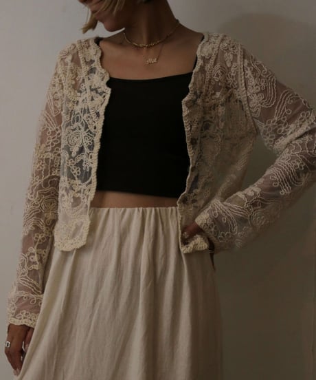 刺繍レースカーディガン レディース 長袖 羽織り / Mesh embroidered cardigan