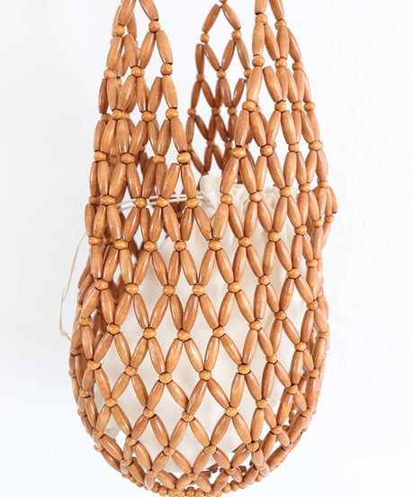 ウッドビーズ メッシュバッグ レディース 巾着付き サマーバッグ / Wood Beads Bag