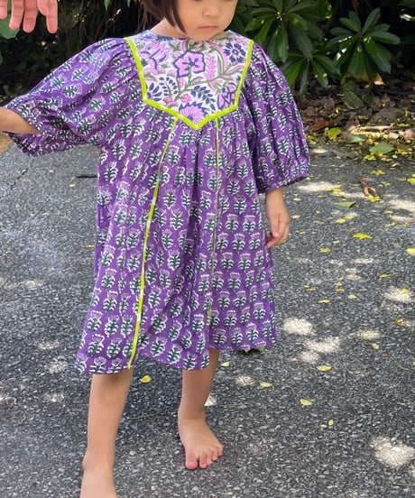 MWEZI キッズ ブロックプリント ワンピース 子供服 Kids BlockPrint Dress(BM406)