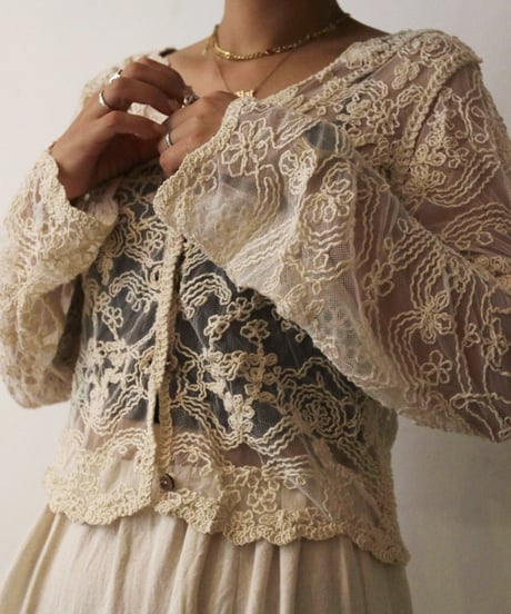 刺繍レースカーディガン レディース 長袖 羽織り / Mesh embroidered cardigan