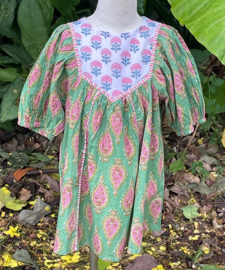 MWEZI キッズ ブロックプリント ワンピース 子供服 Kids BlockPrint Dress(BM406)