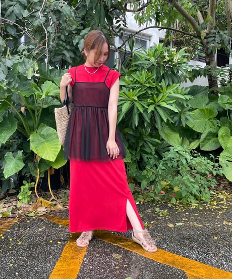 肩タック ノースリーブワンピース レディース ロング丈 DRESS