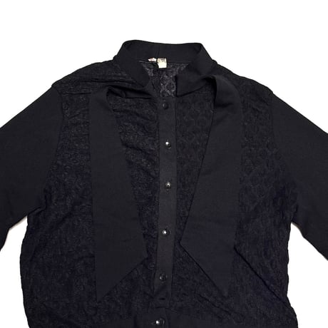 【USED】80's Black Sheer Puff Sleeve Bow Blouse