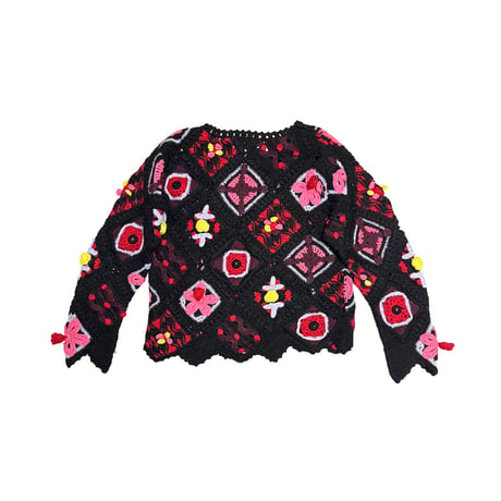 【USED】80's PENSOIO Spiritual Motif Embroidered Crochet Knit Pullover