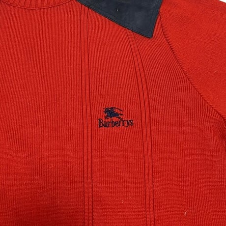 【USED】80'S-90'S BURBERRYS RED WOOL SWEATER ELBOW PATCHES