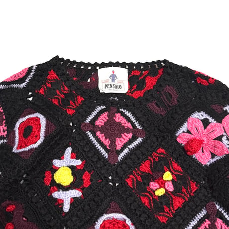 【USED】80's PENSOIO Spiritual Motif Embroidered Crochet Knit Pullover
