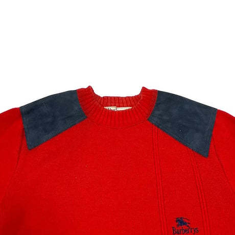 【USED】80'S-90'S BURBERRYS RED WOOL SWEATER ELBOW PATCHES
