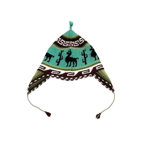 【USED】Vintage PERUVIAN HAND CROCHET EAR FLAPS KNIT HAT