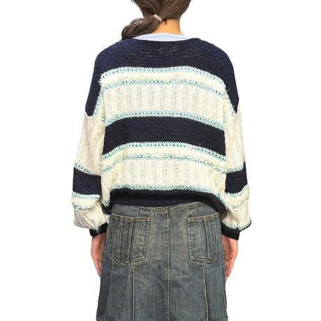 【USED】80's Fétiche France Textured Stripe Knit Pullover Navy × White