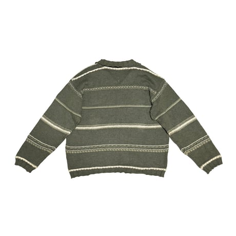 【USED】90's BENETTON Skipper Olive Stripe Knit Pullover Made in Italy