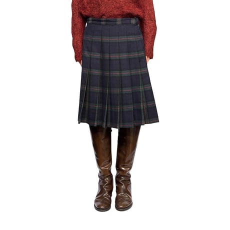 【USED】80's Navy Base Green & Red Plaid Pleated Skirt