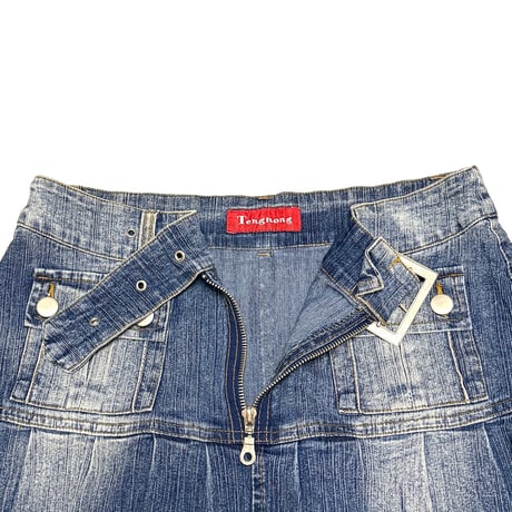 【USED】00's Tenghong Belted Zip-Front Denim Mini Skirt