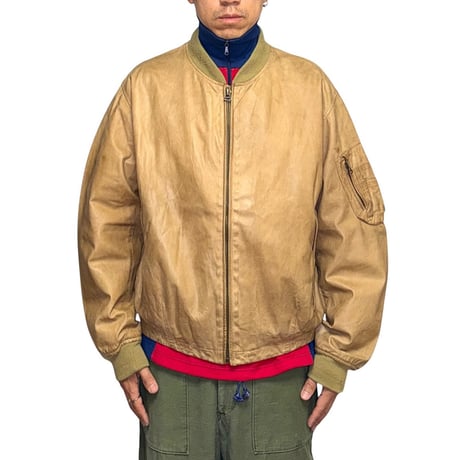 【USED】90's EMPORIO ARMANI Leather MA-1 Flight Jacket Sand Beige