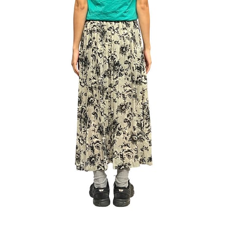 【USED】90'S BLACK & WHITE FLOWER MESH PLEATS LONG SKIRT