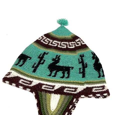 【USED】Vintage PERUVIAN HAND CROCHET EAR FLAPS KNIT HAT