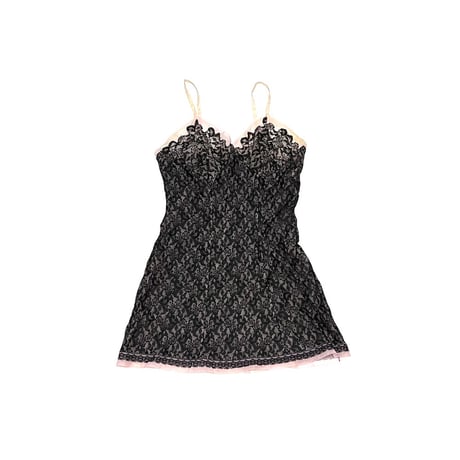 【USED】60's HAUTANA Perlon LINGERIE SLIP MINI DRESS BLACK LACE