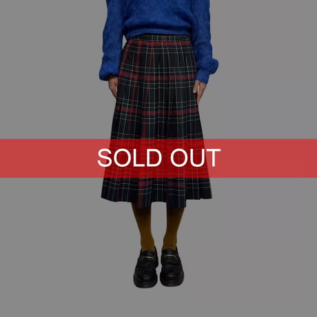 【USED】80's Brandtex Denmark Tartan Pleated Midi Skirt Navy × Red