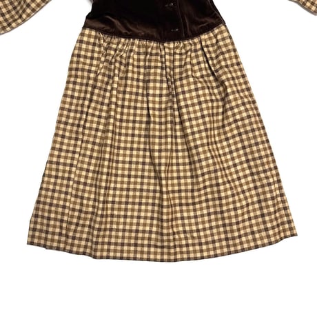 【USED】80's Valentino Garavani BOUTIQUE Gingham Dress with Velvet Waist Panel