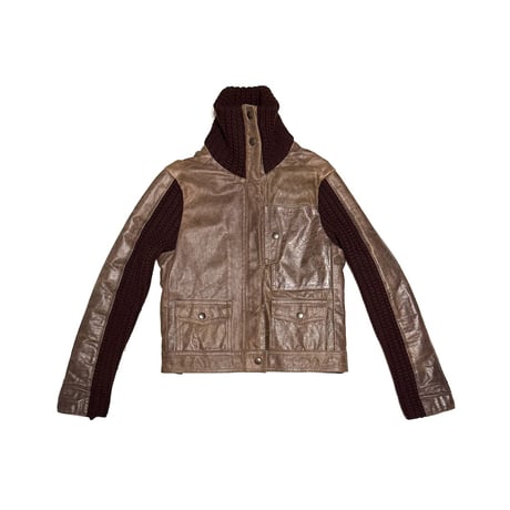 【USED】00's Leather & Rib-Knit Hybrid Zip Jacket Made in Italy