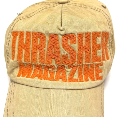 【USED】00's Thrasher Magazine Distressed Brim Embroidered Cap Washed Sand Beige