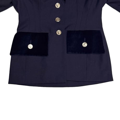 【USED】80's-90's PIERRE BALMAIN UNIFORMES Velvet-Collar Navy Wool Blend Jacket