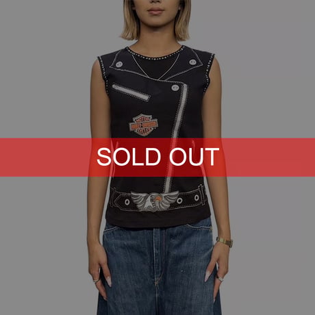 【USED】90's-00's HARLEY DAVIDSON Studded Biker Print Sleeveless Top
