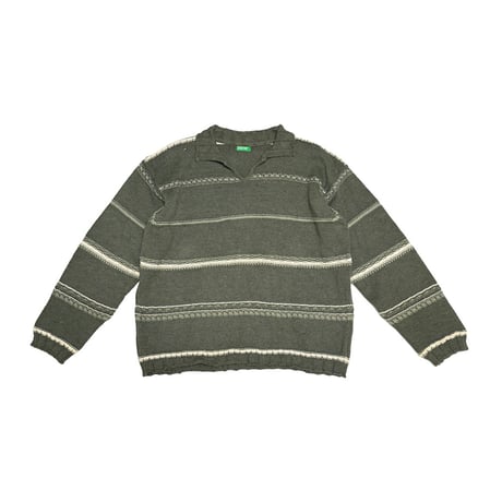 【USED】90's BENETTON Skipper Olive Stripe Knit Pullover Made in Italy