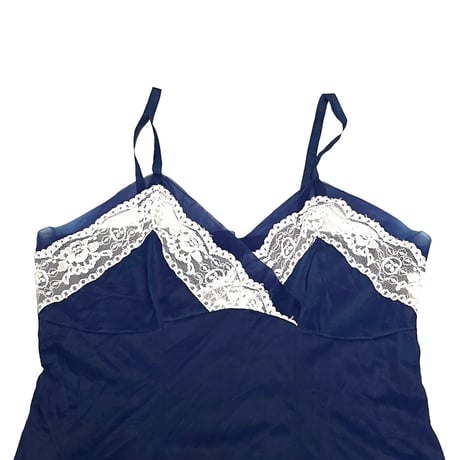 【USED】70's LINGERIE SLIP DRESS NAVY WHITE LACE