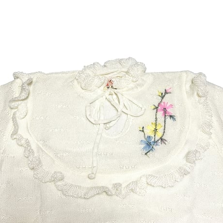 【DEAD STOCK】70's-80's 100% ACRYLIC FRILL KNIT S/S TOP WHITE