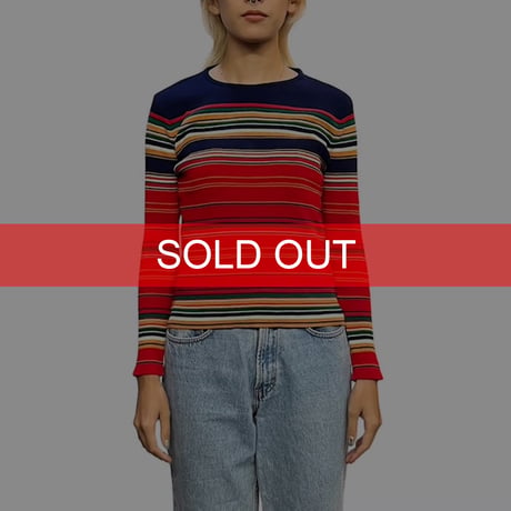 【USED】70's MULTI COLOR BORDER ACRYLIC RIB KNIT L/S TOP