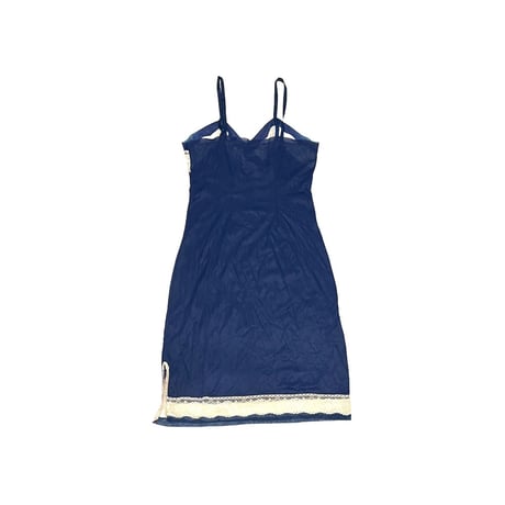 【USED】70's LINGERIE SLIP DRESS NAVY WHITE LACE