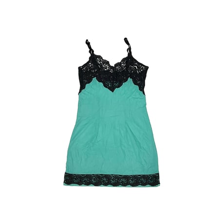 【USED】60's-70's VINTAGE LINGERIE SLIP DRESS GREEN × BLACK LACE
