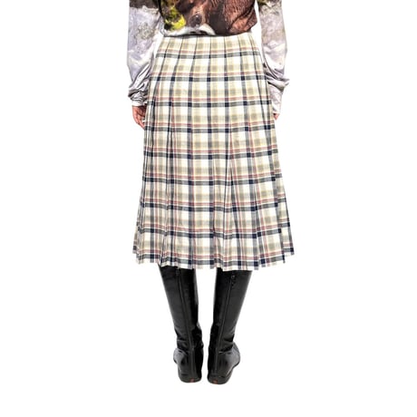 【USED】Vintage PLAID PLEATED MIDI SKIRT with LINING NAVY × BEIGE