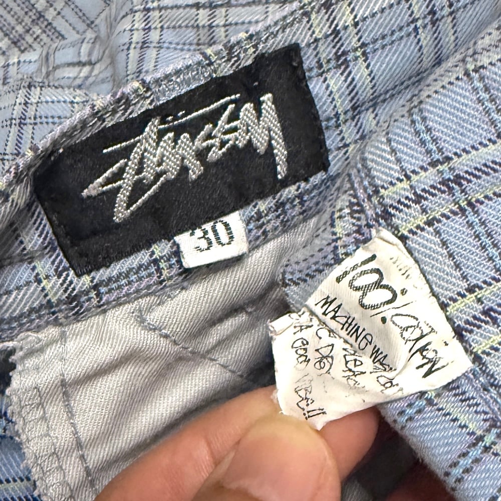USED】80's OLD STUSSY CHECK SHORTS SKY BLUE | K