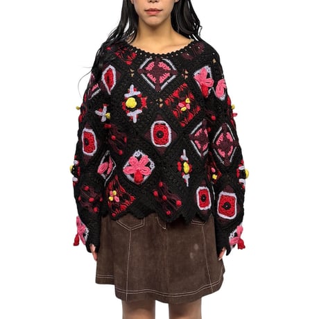 【USED】80's PENSOIO Spiritual Motif Embroidered Crochet Knit Pullover